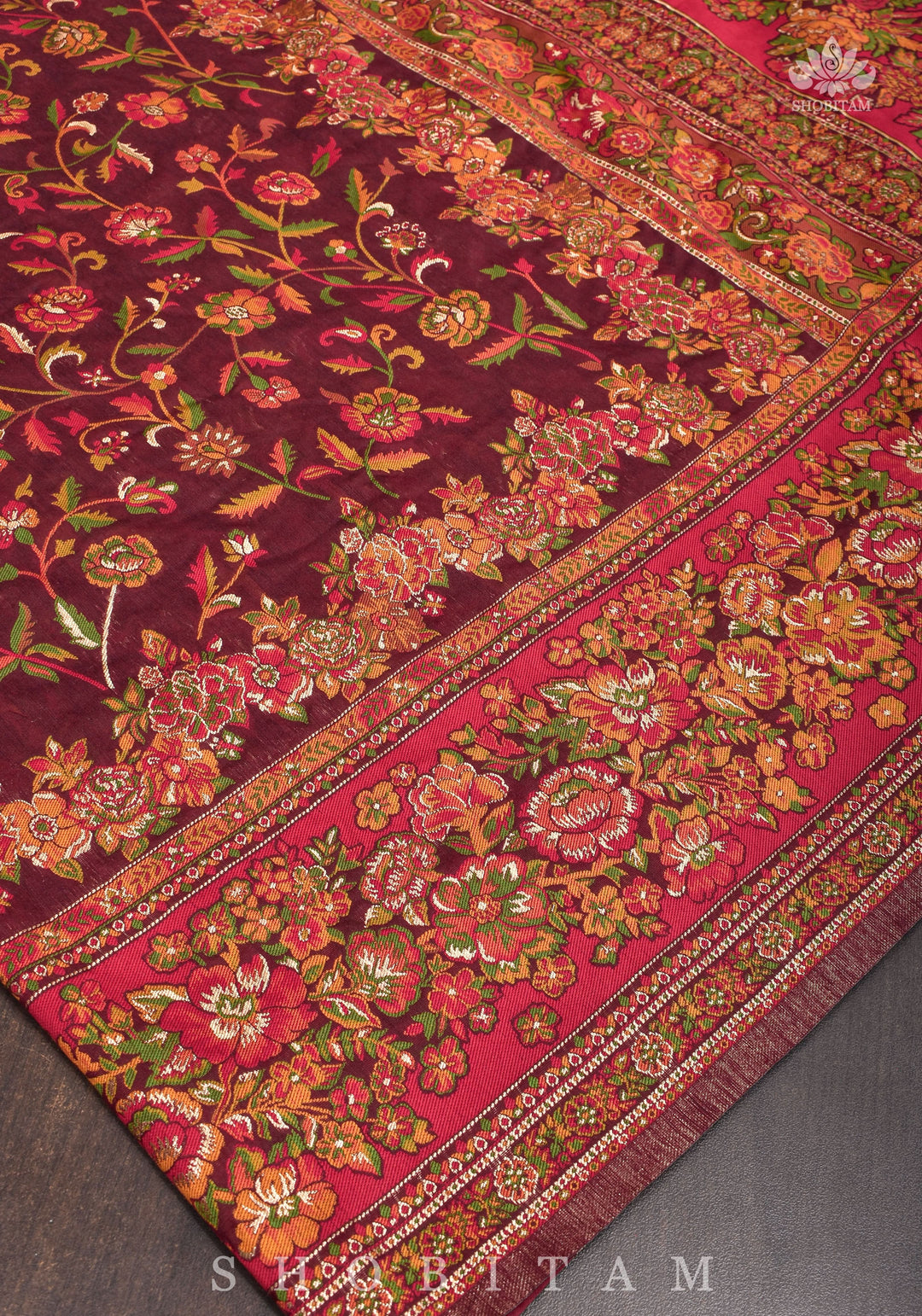 Lovely Kani Design with Floral Jaal in Maroon. Pretty Sarees. | SHOBITAM