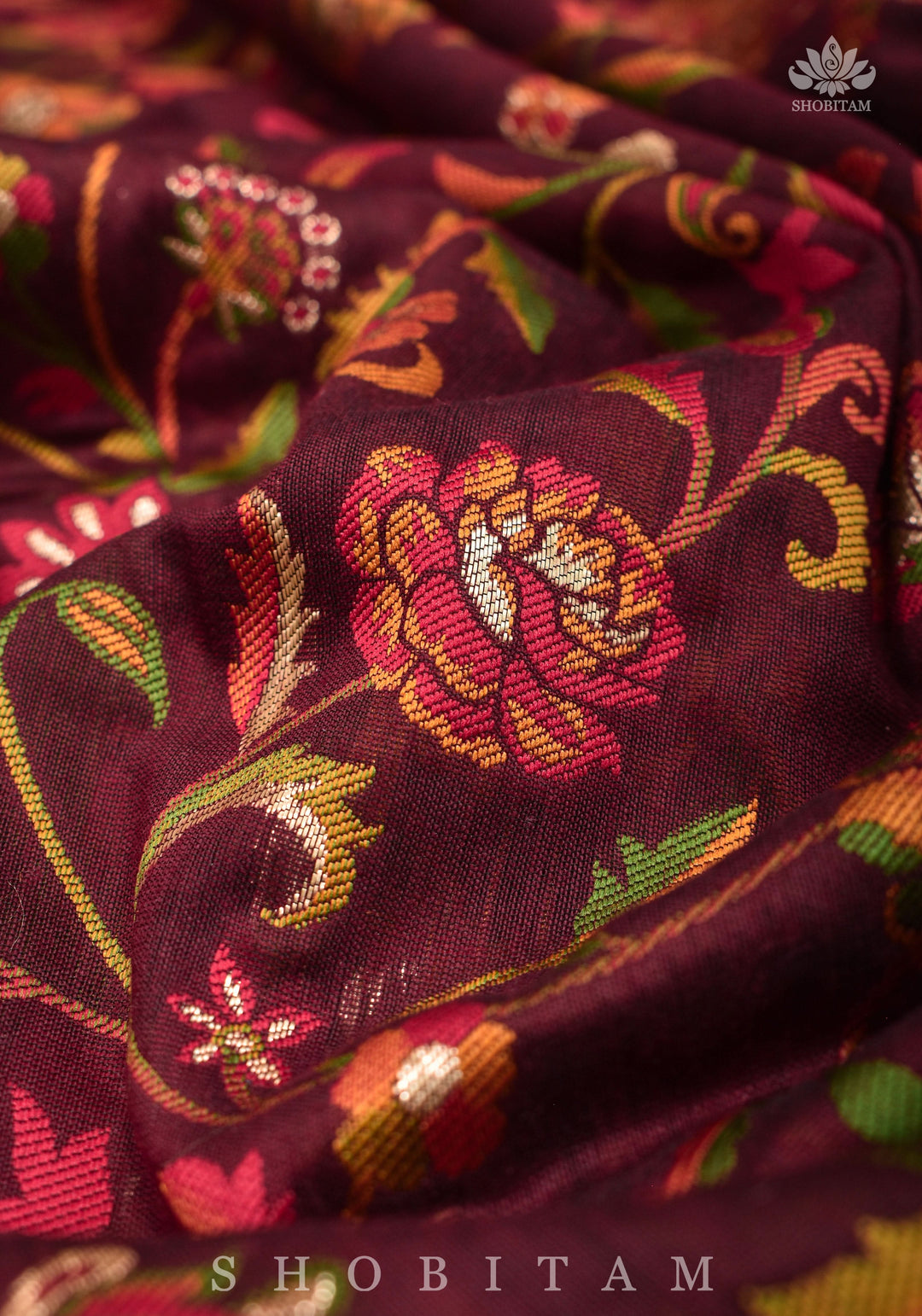 Lovely Kani Design with Floral Jaal in Maroon. Pretty Sarees. | SHOBITAM