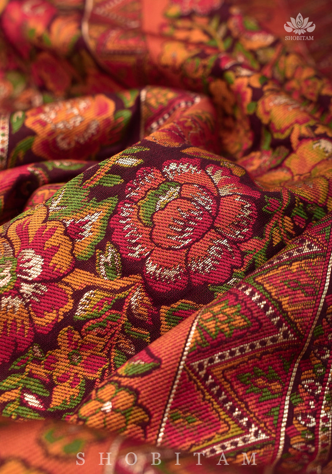Lovely Kani Design with Floral Jaal in Maroon. Pretty Sarees. | SHOBITAM
