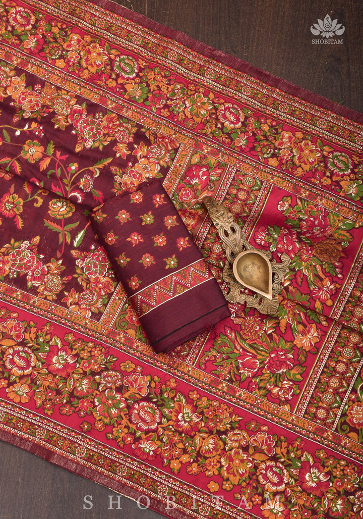 Lovely Kani Design with Floral Jaal in Maroon. Pretty Sarees. | SHOBITAM