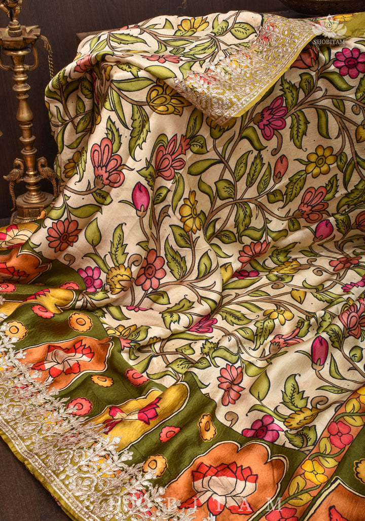 Gajji Silk Saree in Beige with Gotta Patti Border and kalamkari Digital Print