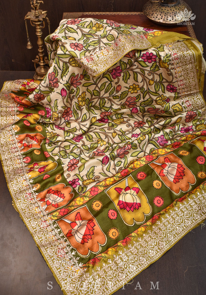 Gajji Silk Saree in Beige with Gotta Patti Border and kalamkari Digital Print