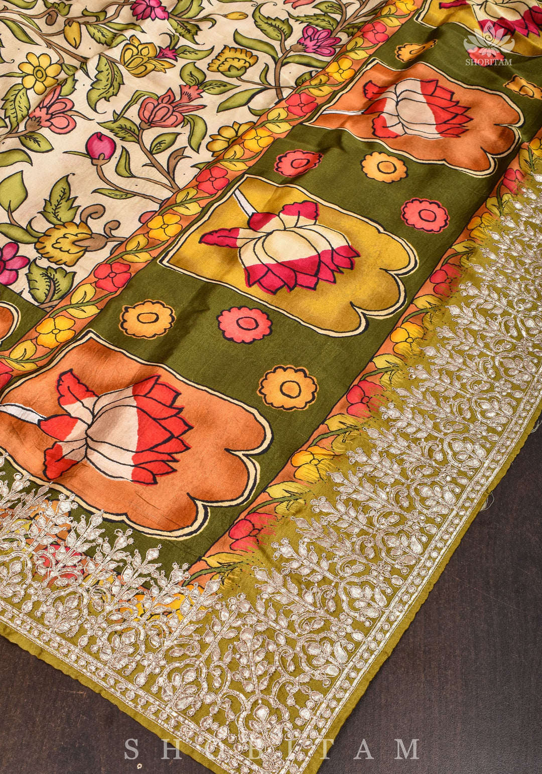 Gajji Silk Saree in Beige with Gotta Patti Border and kalamkari Digital Print