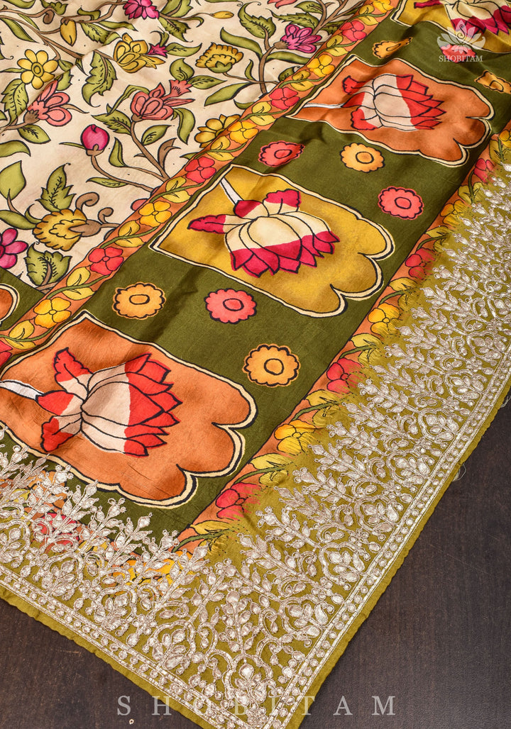 Gajji Silk Saree in Beige with Gotta Patti Border and kalamkari Digital Print