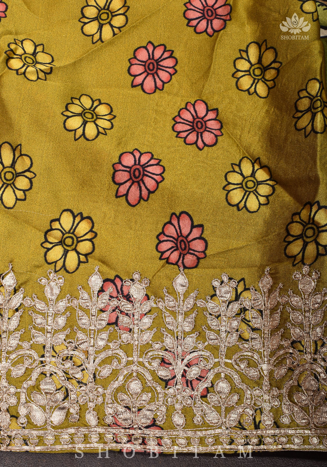 Gajji Silk Saree in Beige with Gotta Patti Border and kalamkari Digital Print