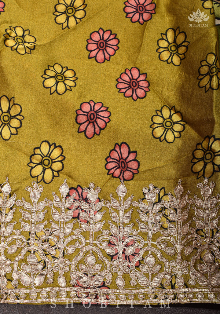 Gajji Silk Saree in Beige with Gotta Patti Border and kalamkari Digital Print