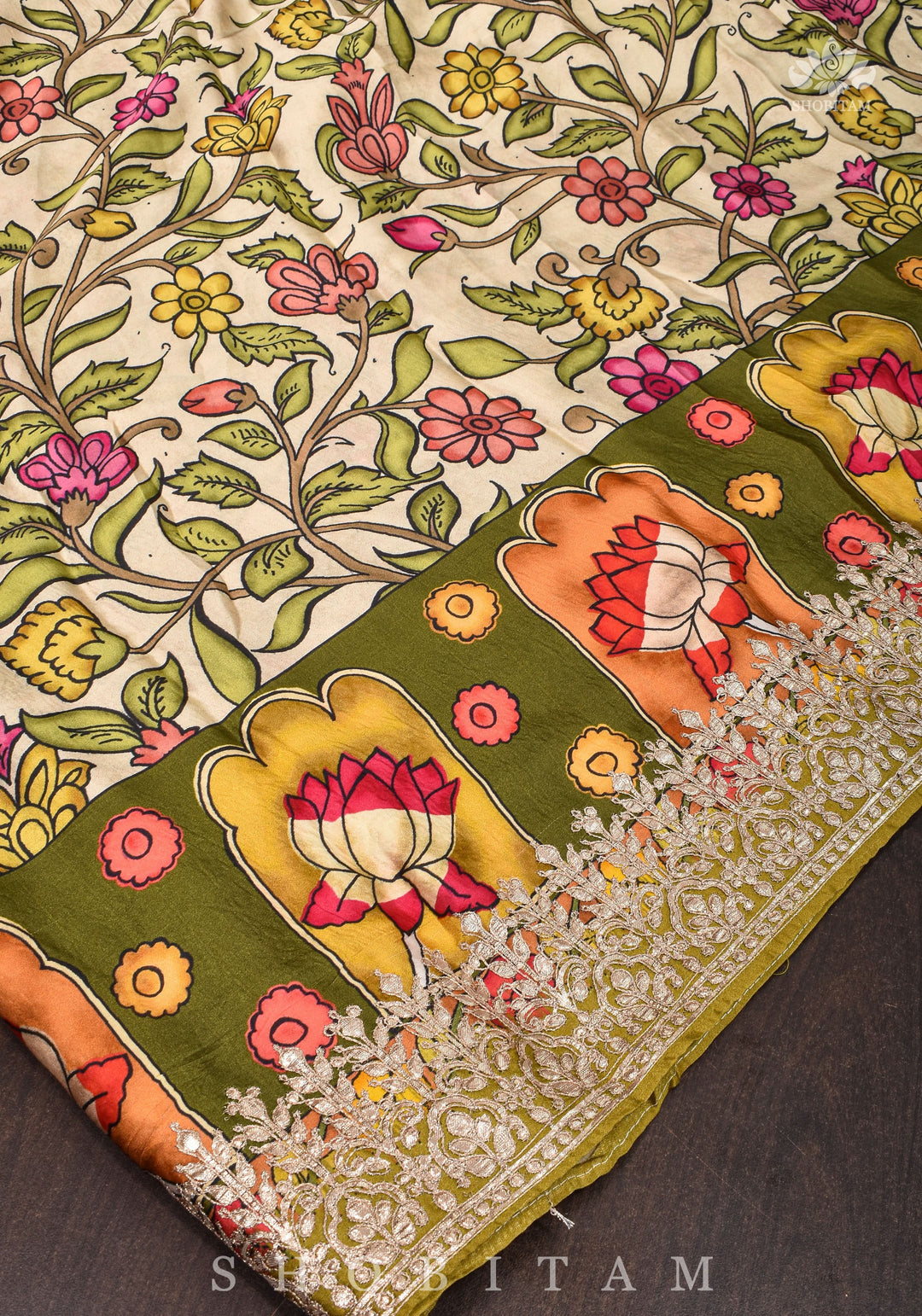 Gajji Silk Saree in Beige with Gotta Patti Border and kalamkari Digital Print