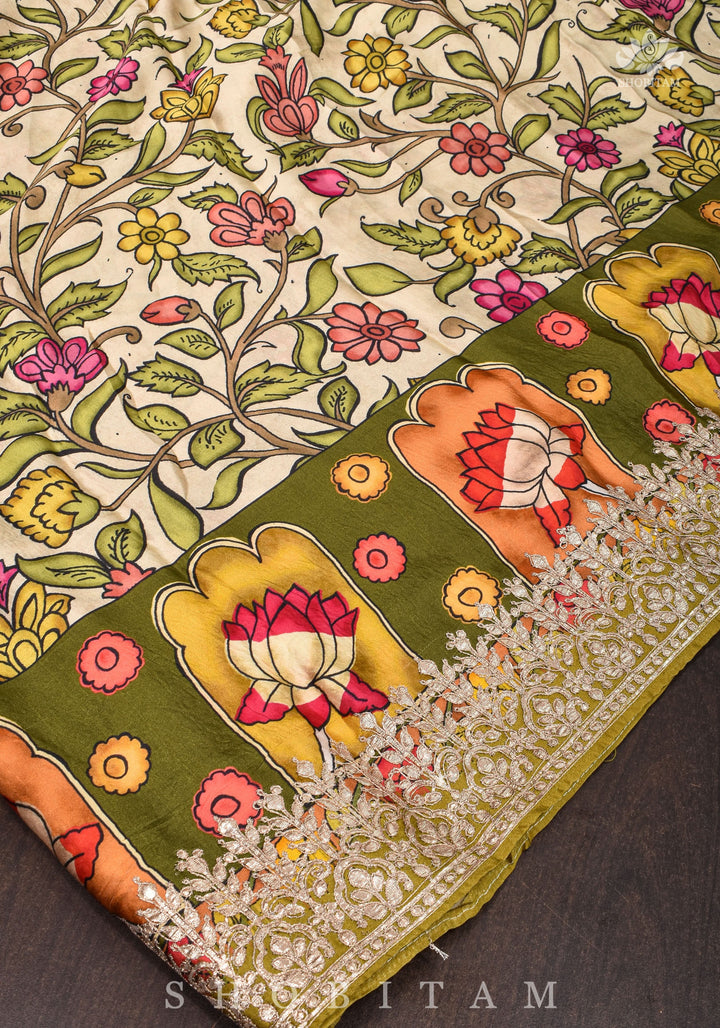 Gajji Silk Saree in Beige with Gotta Patti Border and kalamkari Digital Print