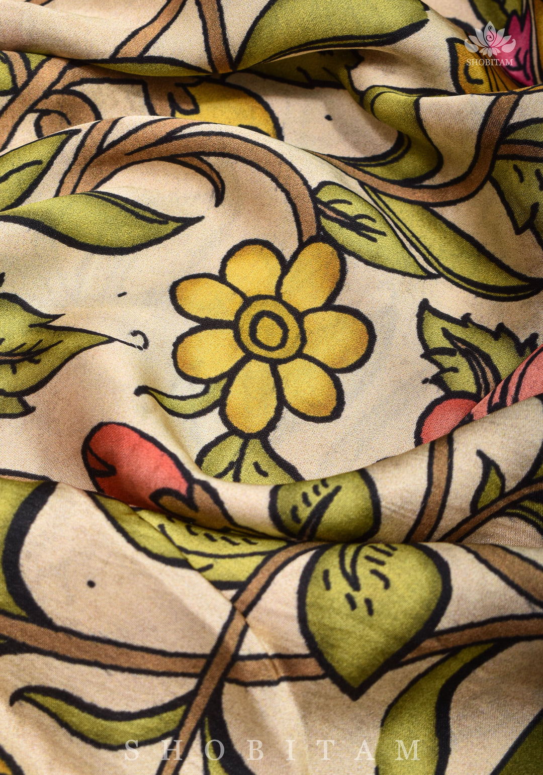 Gajji Silk Saree in Beige with Gotta Patti Border and kalamkari Digital Print