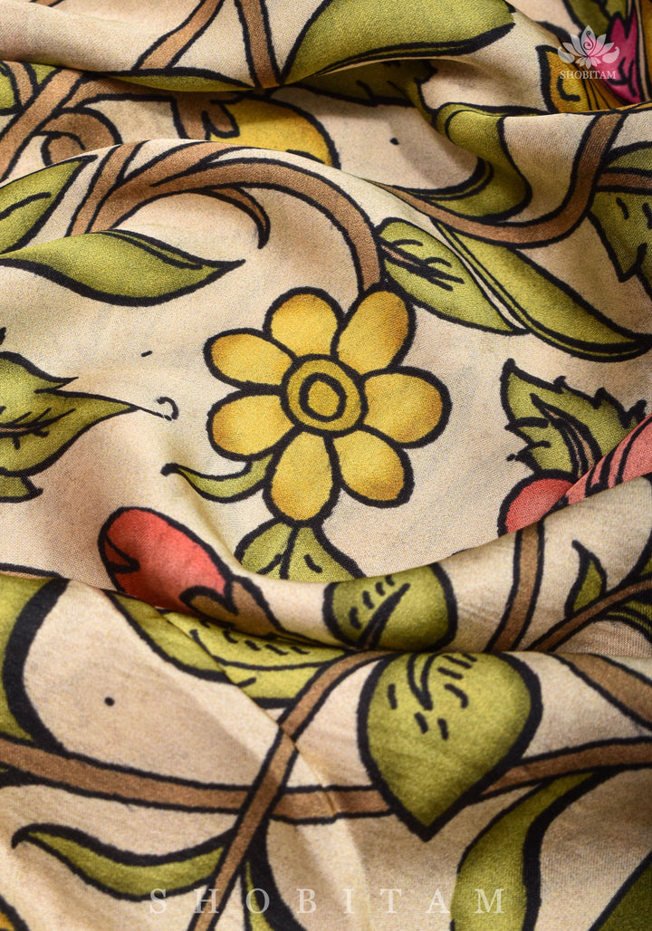 Gajji Silk Saree in Beige with Gotta Patti Border and kalamkari Digital Print