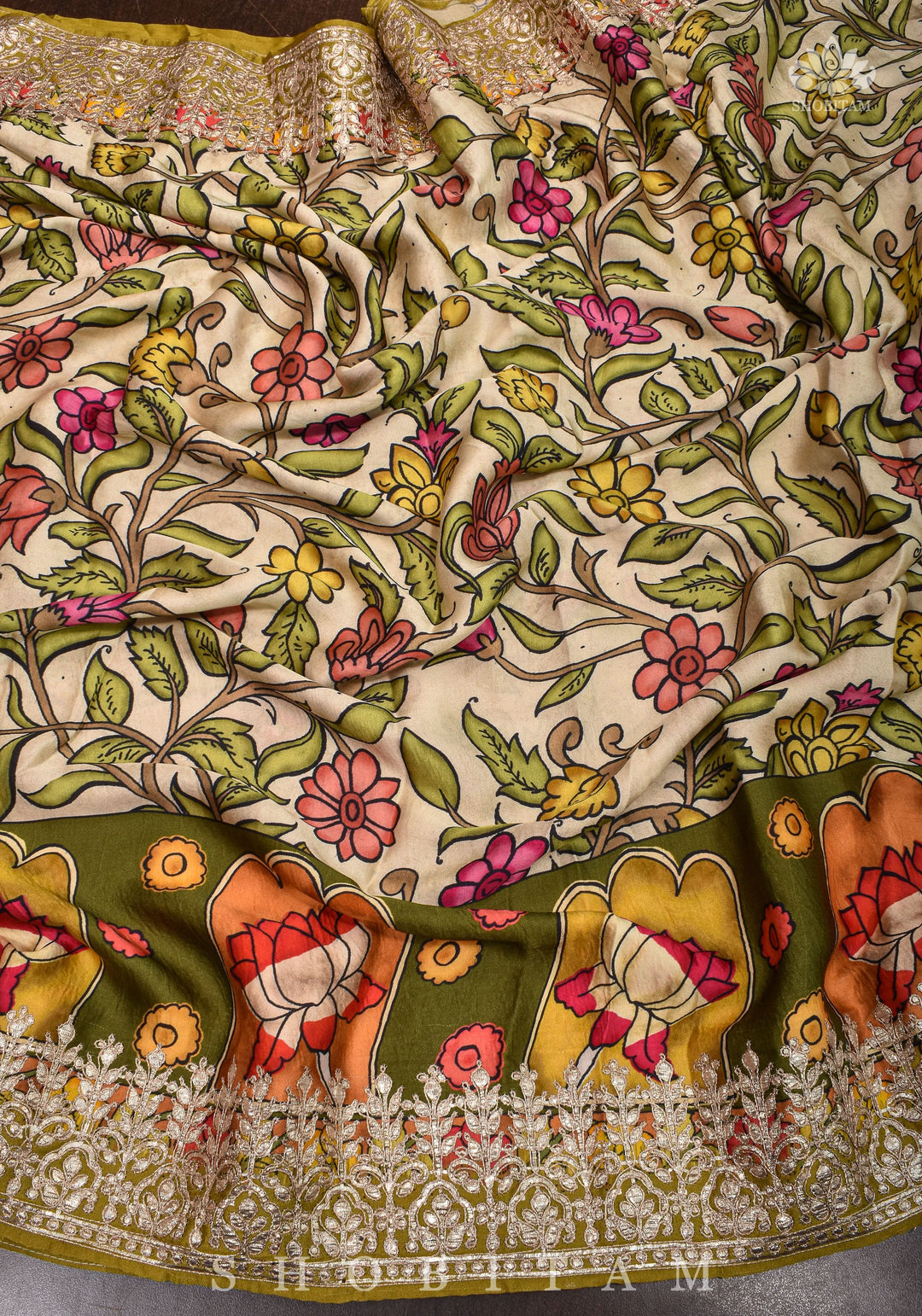 Gajji Silk Saree in Beige with Gotta Patti Border and kalamkari Digital Print
