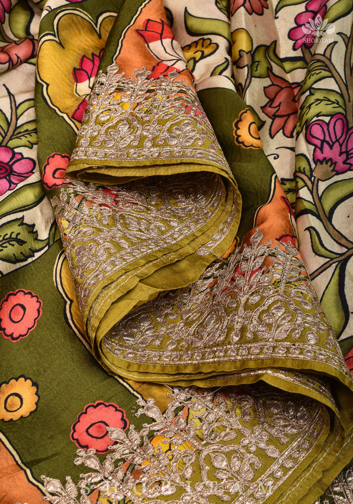 Gajji Silk Saree in Beige with Gotta Patti Border and kalamkari Digital Print