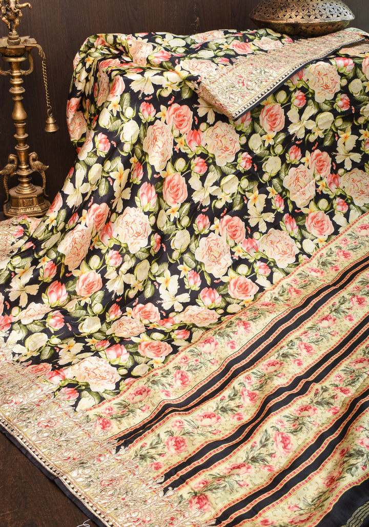 Gajji Silk Saree in Black with Floral Print and Gotta Patti Border