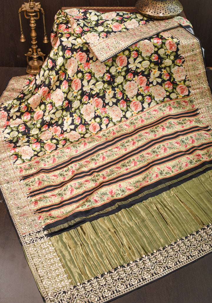 Gajji Silk Saree in Black with Floral Print and Gotta Patti Border