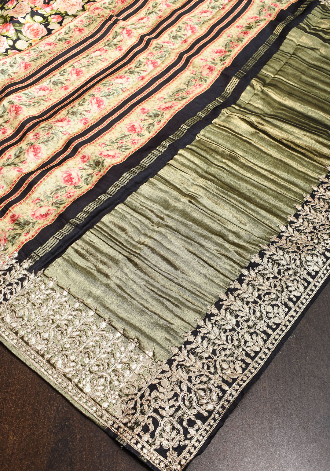 Gajji Silk Saree in Black with Floral Print and Gotta Patti Border