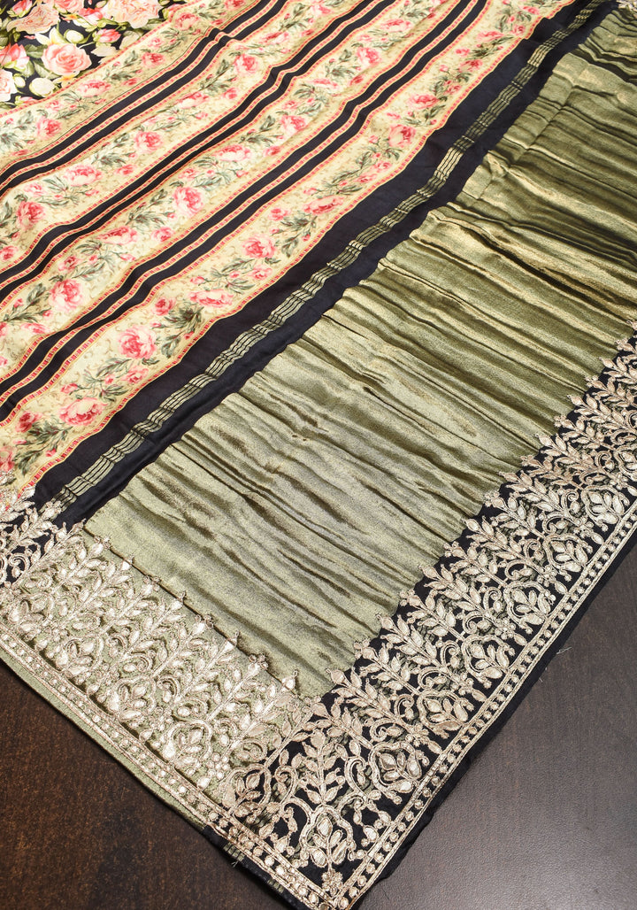 Gajji Silk Saree in Black with Floral Print and Gotta Patti Border