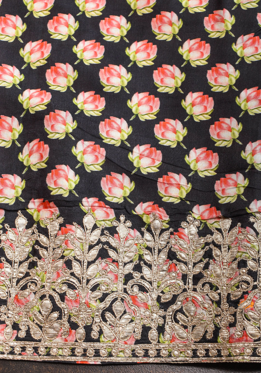 Gajji Silk Saree in Black with Floral Print and Gotta Patti Border