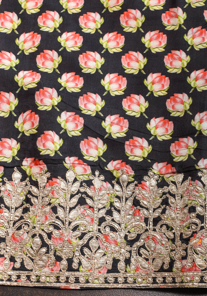 Gajji Silk Saree in Black with Floral Print and Gotta Patti Border