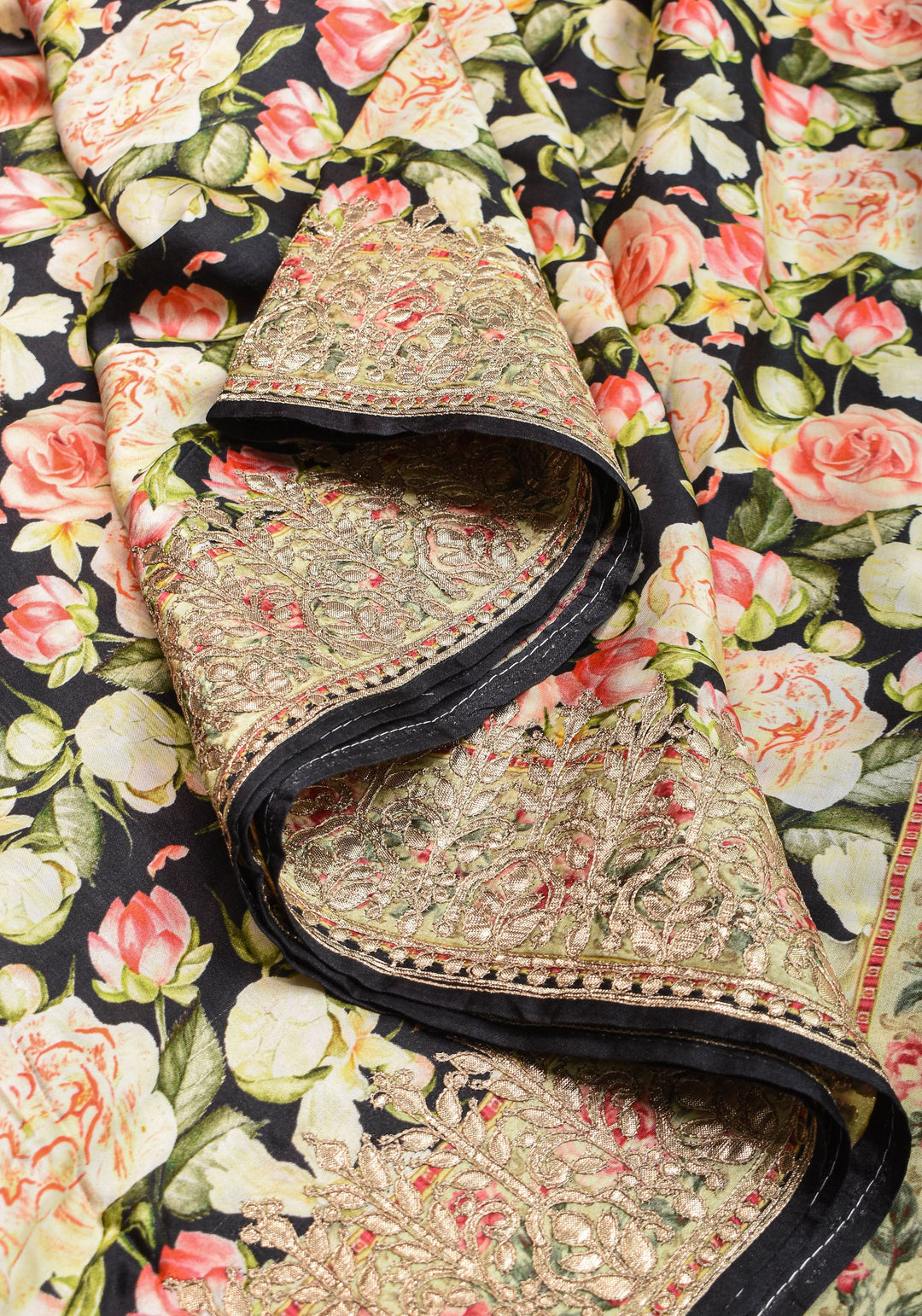 Gajji Silk Saree in Black with Floral Print and Gotta Patti Border