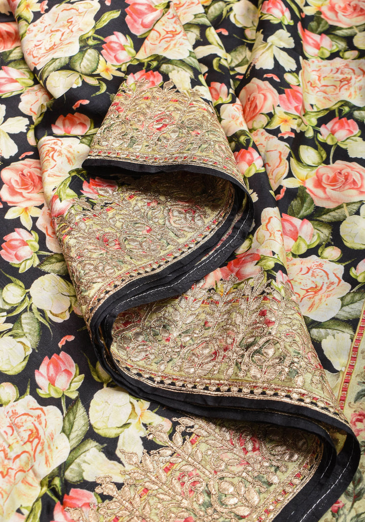 Gajji Silk Saree in Black with Floral Print and Gotta Patti Border