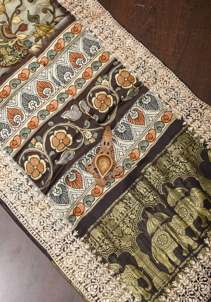 Gajji Silk Saree with Gotta Patti Border and kalamkari Digital Print in Green
