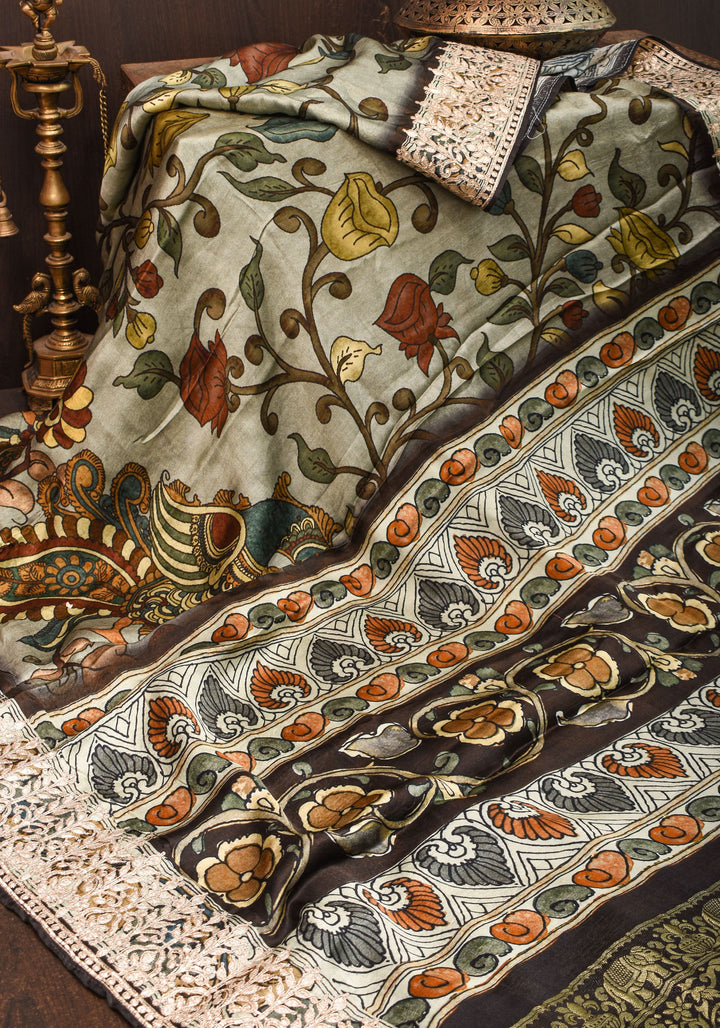 Gajji Silk Saree with Gotta Patti Border and kalamkari Digital Print in Green