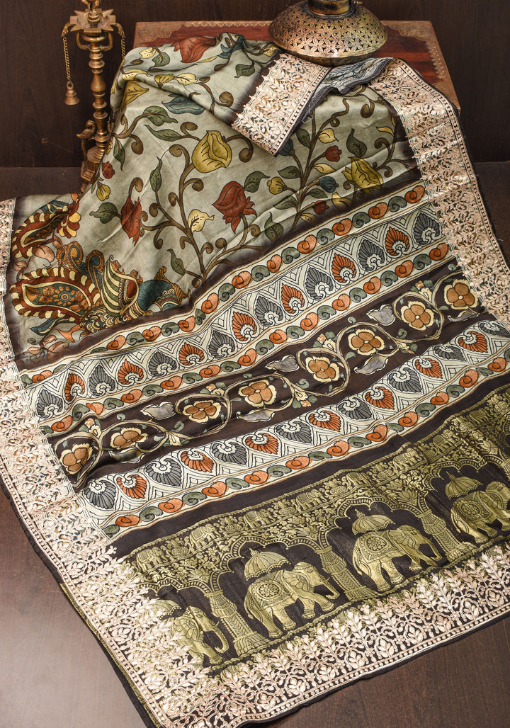 Gajji Silk Saree with Gotta Patti Border and kalamkari Digital Print in Green