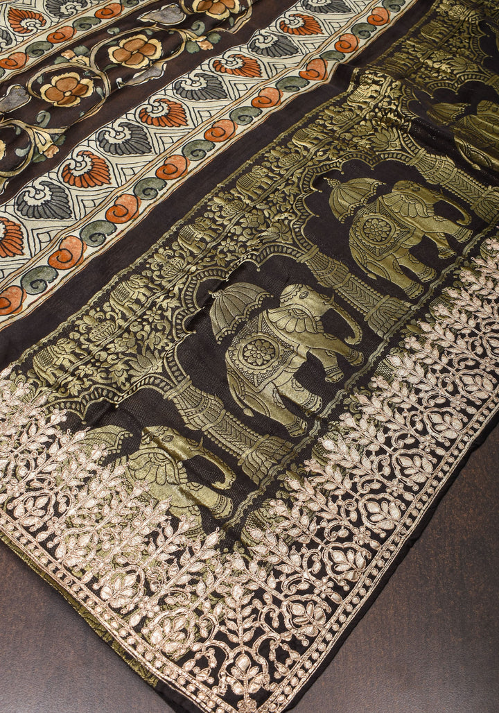 Gajji Silk Saree with Gotta Patti Border and kalamkari Digital Print in Green