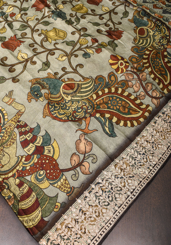 Gajji Silk Saree with Gotta Patti Border and kalamkari Digital Print in Green