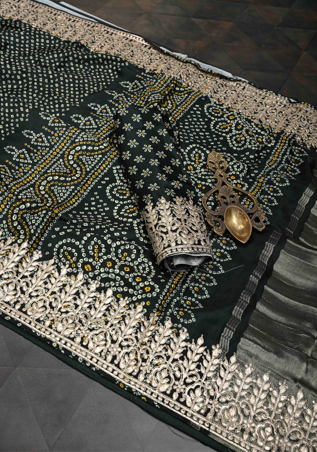 Deep Green Gajji Silk Saree with Bandhni Digital Print and Gotta Patti Borders and Crushed Pallu