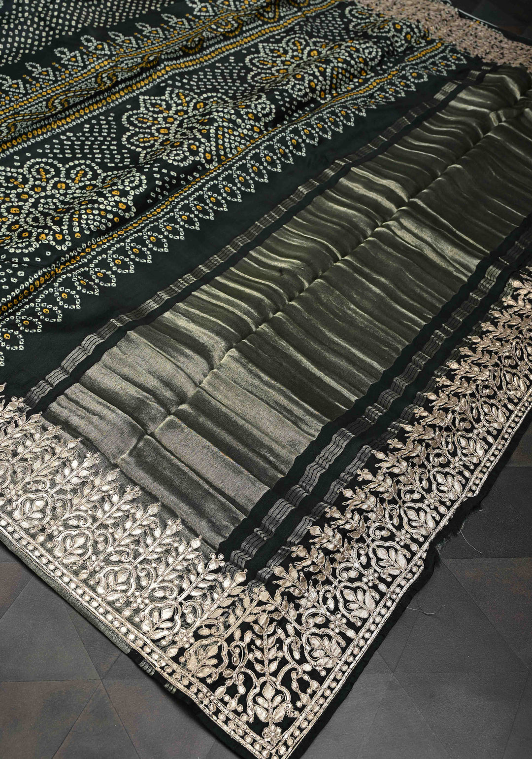 Deep Green Gajji Silk Saree with Bandhni Digital Print and Gotta Patti Borders and Crushed Pallu