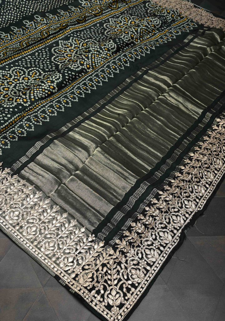 Deep Green Gajji Silk Saree with Bandhni Digital Print and Gotta Patti Borders and Crushed Pallu