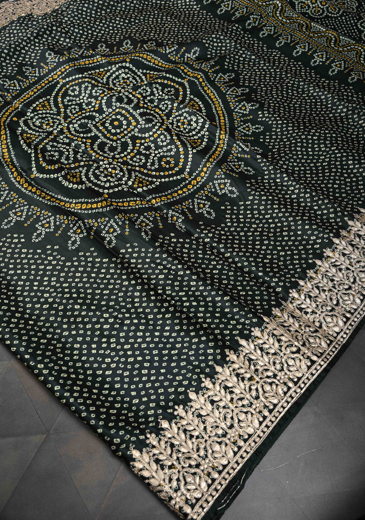Deep Green Gajji Silk Saree with Bandhni Digital Print and Gotta Patti Borders and Crushed Pallu