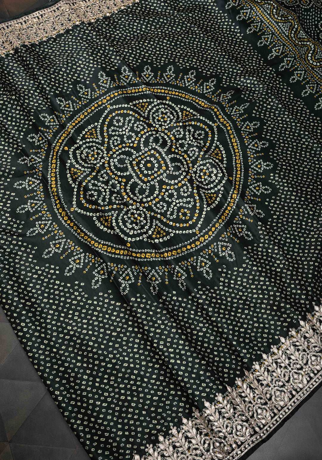 Deep Green Gajji Silk Saree with Bandhni Digital Print and Gotta Patti Borders and Crushed Pallu