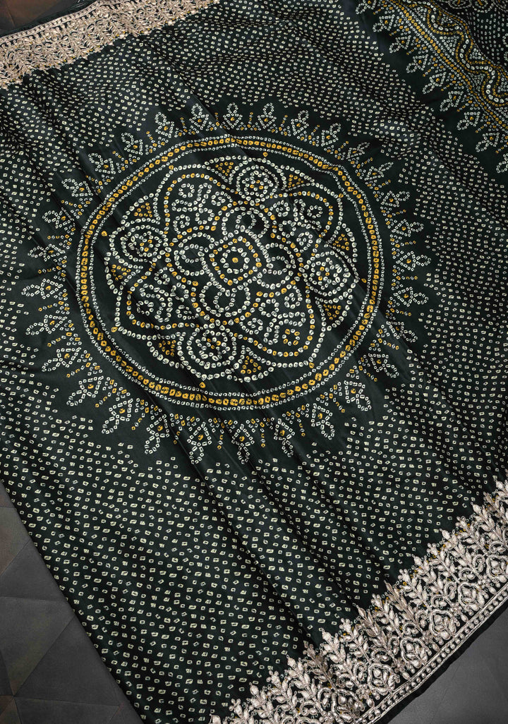 Deep Green Gajji Silk Saree with Bandhni Digital Print and Gotta Patti Borders and Crushed Pallu
