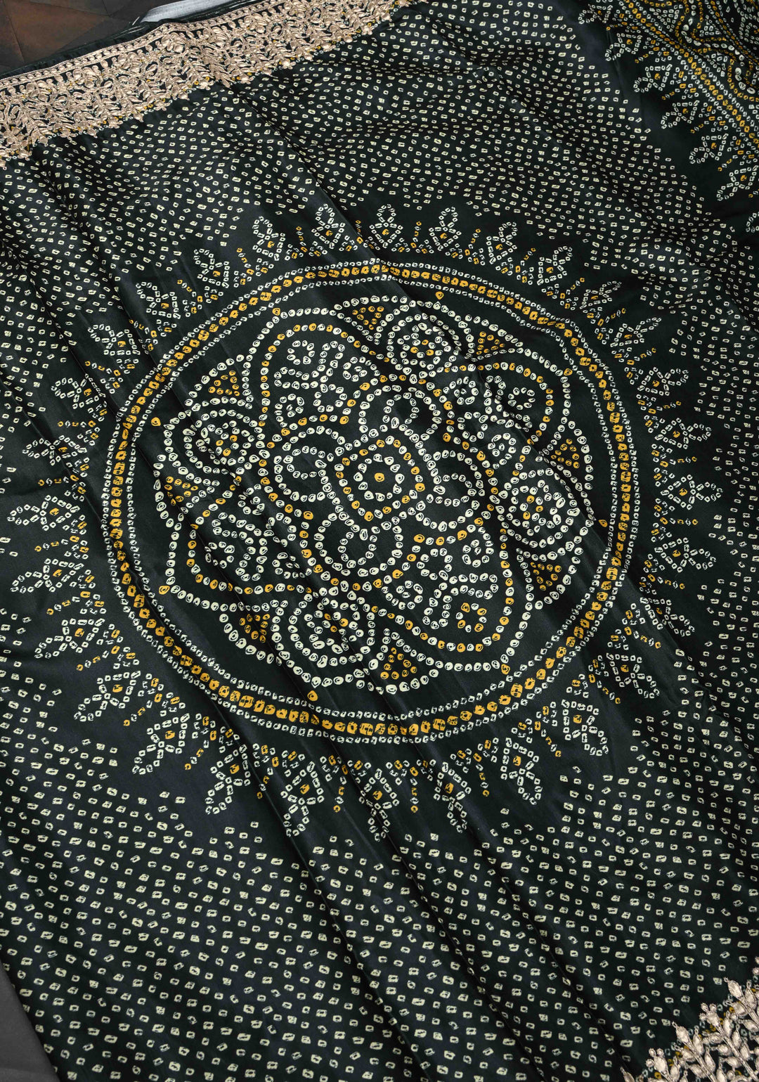 Deep Green Gajji Silk Saree with Bandhni Digital Print and Gotta Patti Borders and Crushed Pallu