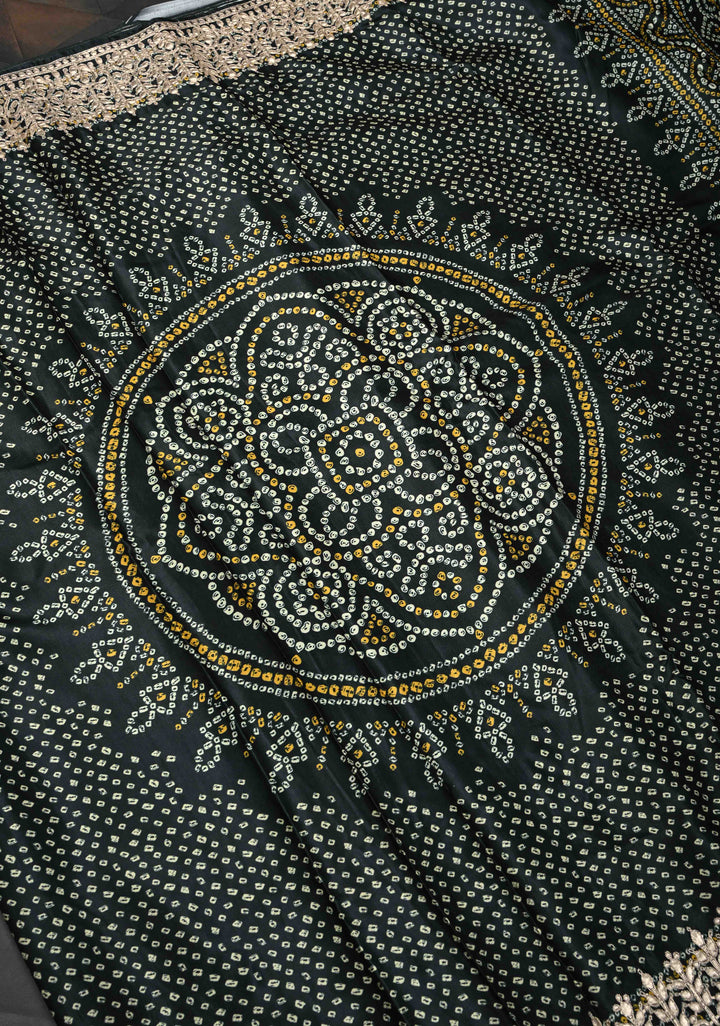 Deep Green Gajji Silk Saree with Bandhni Digital Print and Gotta Patti Borders and Crushed Pallu