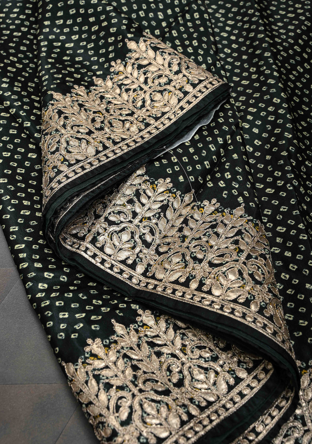 Deep Green Gajji Silk Saree with Bandhni Digital Print and Gotta Patti Borders and Crushed Pallu