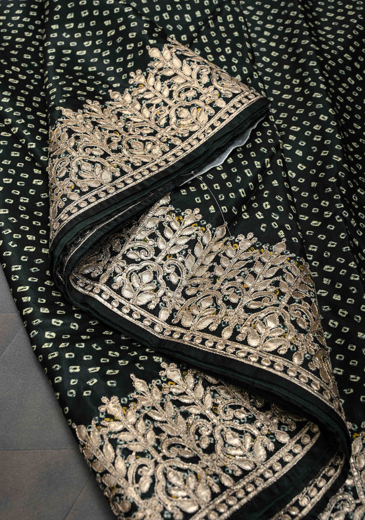 Deep Green Gajji Silk Saree with Bandhni Digital Print and Gotta Patti Borders and Crushed Pallu