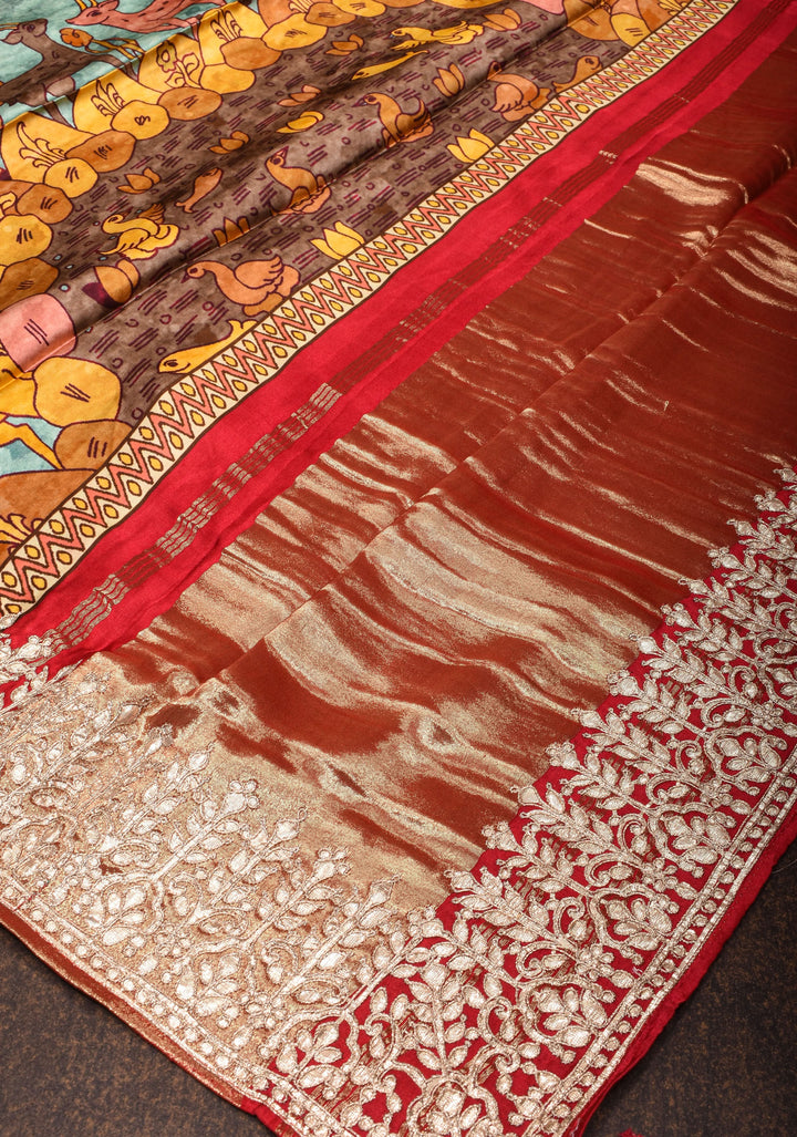 Gajji Silk Saree with Gotta Patti Border and kalamkari Digital Print in Sage | SHOBITAM