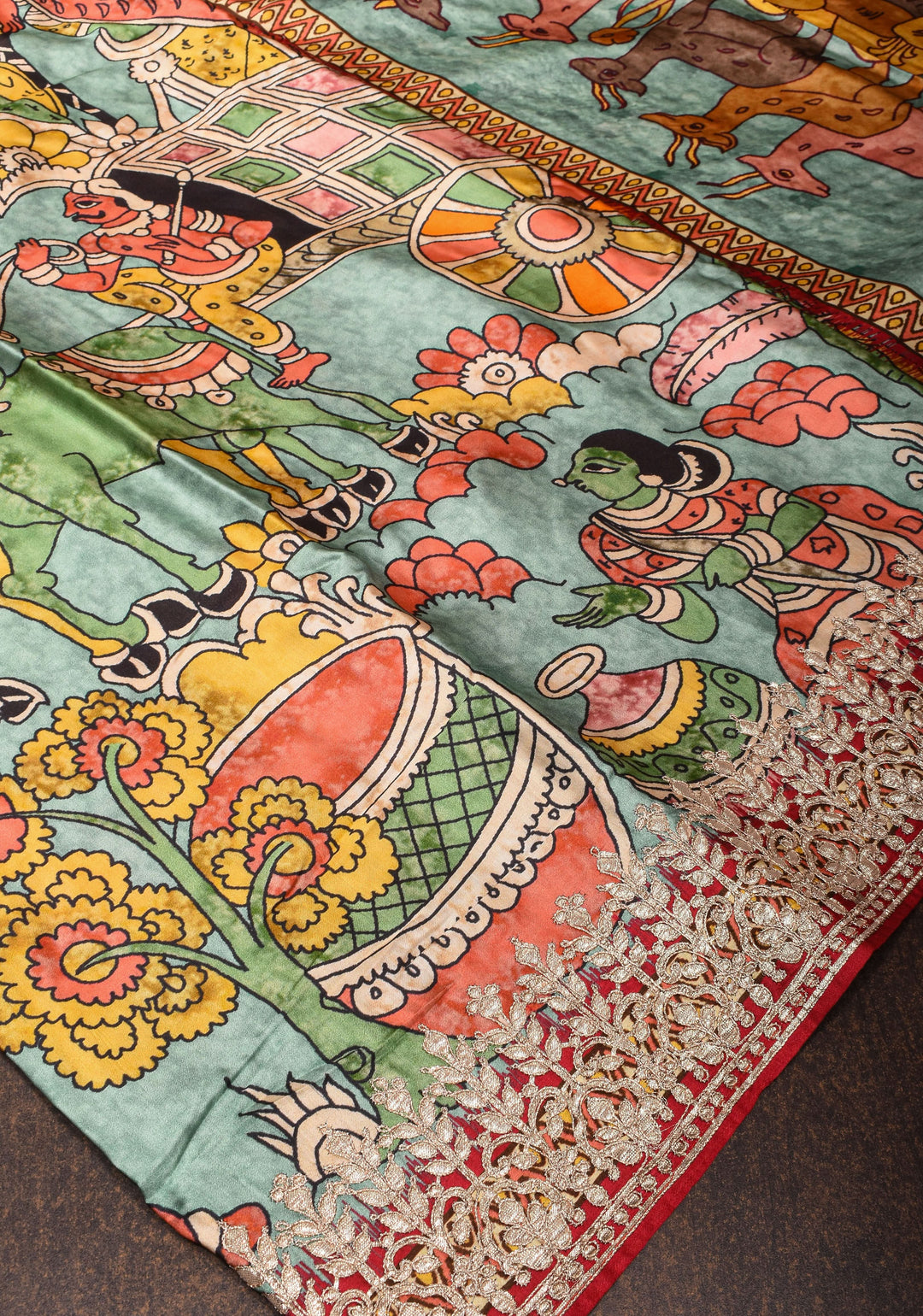 Gajji Silk Saree with Gotta Patti Border and kalamkari Digital Print in Sage | SHOBITAM