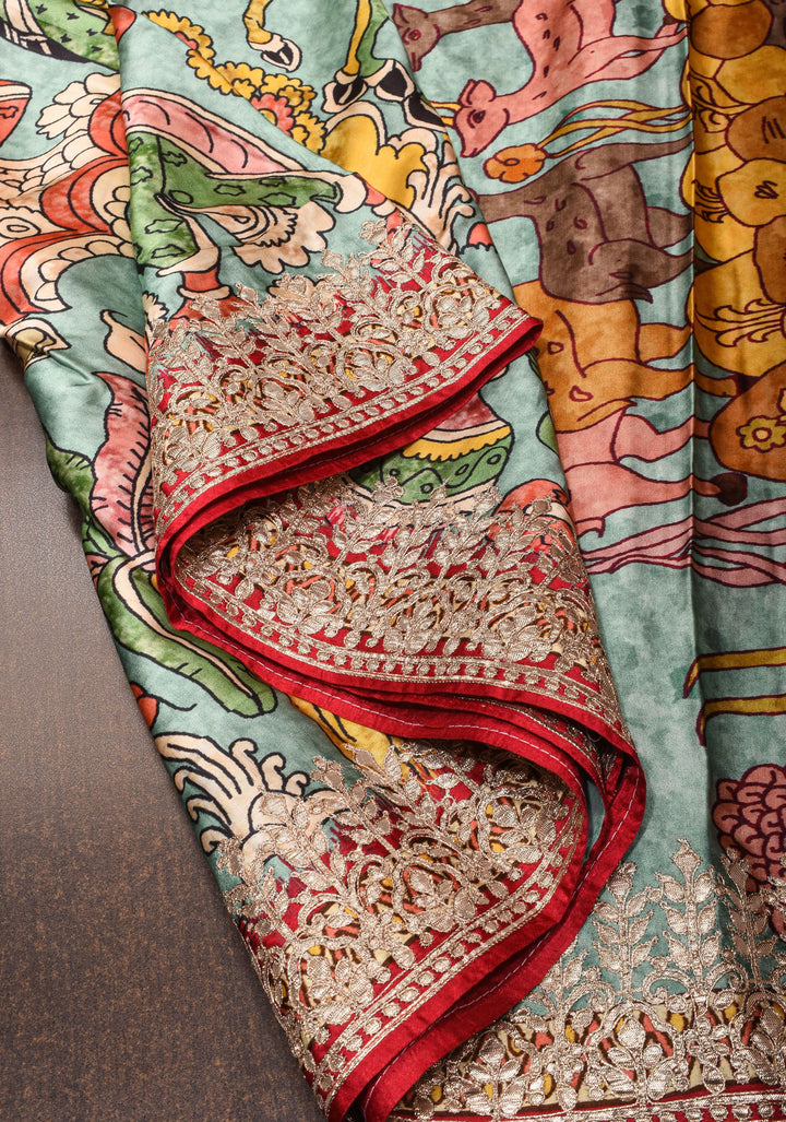 Gajji Silk Saree with Gotta Patti Border and kalamkari Digital Print in Sage | SHOBITAM