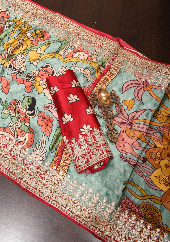 Gajji Silk Saree with Gotta Patti Border and kalamkari Digital Print in Sage | SHOBITAM