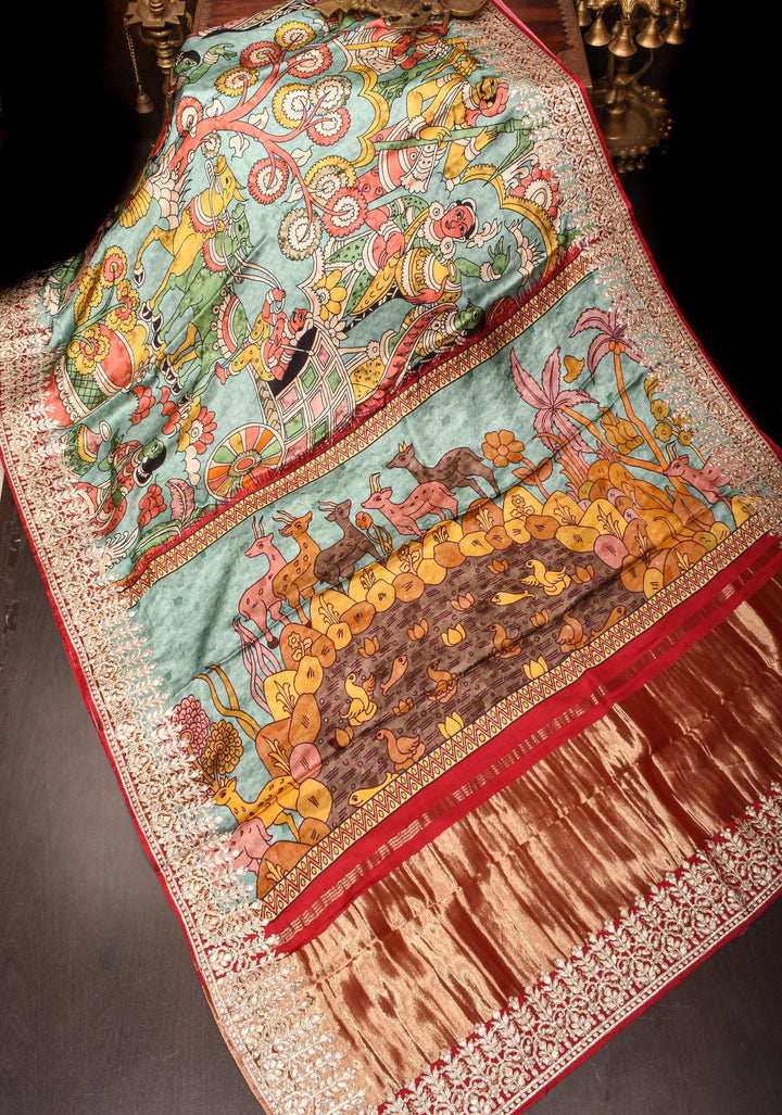 Gajji Silk Saree with Gotta Patti Border and kalamkari Digital Print in Sage | SHOBITAM