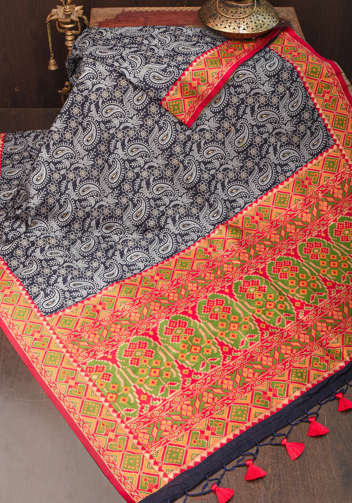 Rayon Saree Paisley woven Motifs on Might Night Blue
