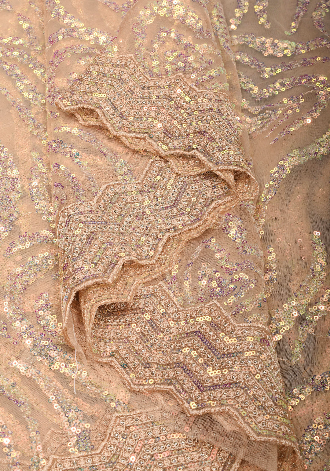 Light Champagne Color Swirl Design Sequins on Net Saree