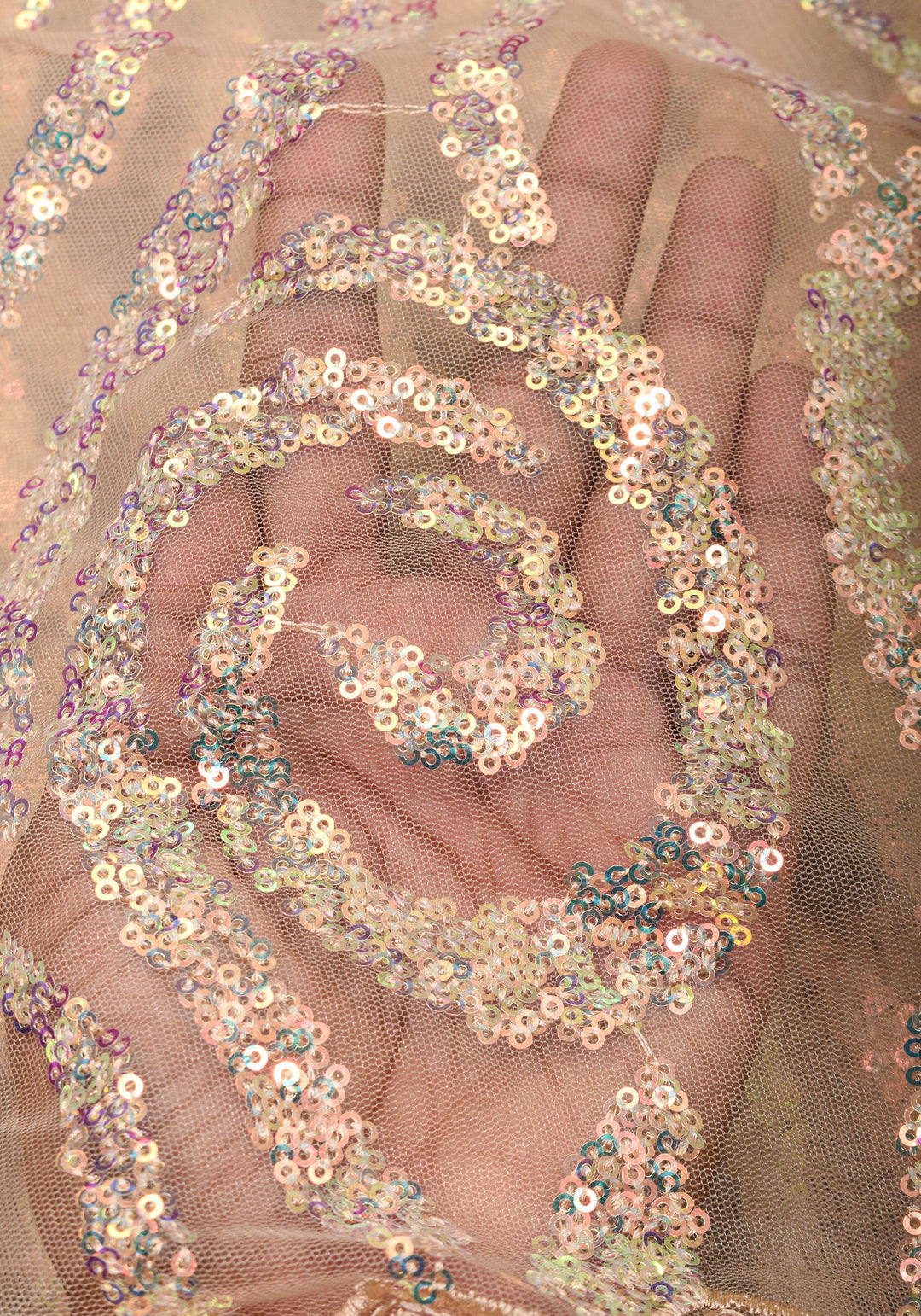 Light Champagne Color Swirl Design Sequins on Net Saree
