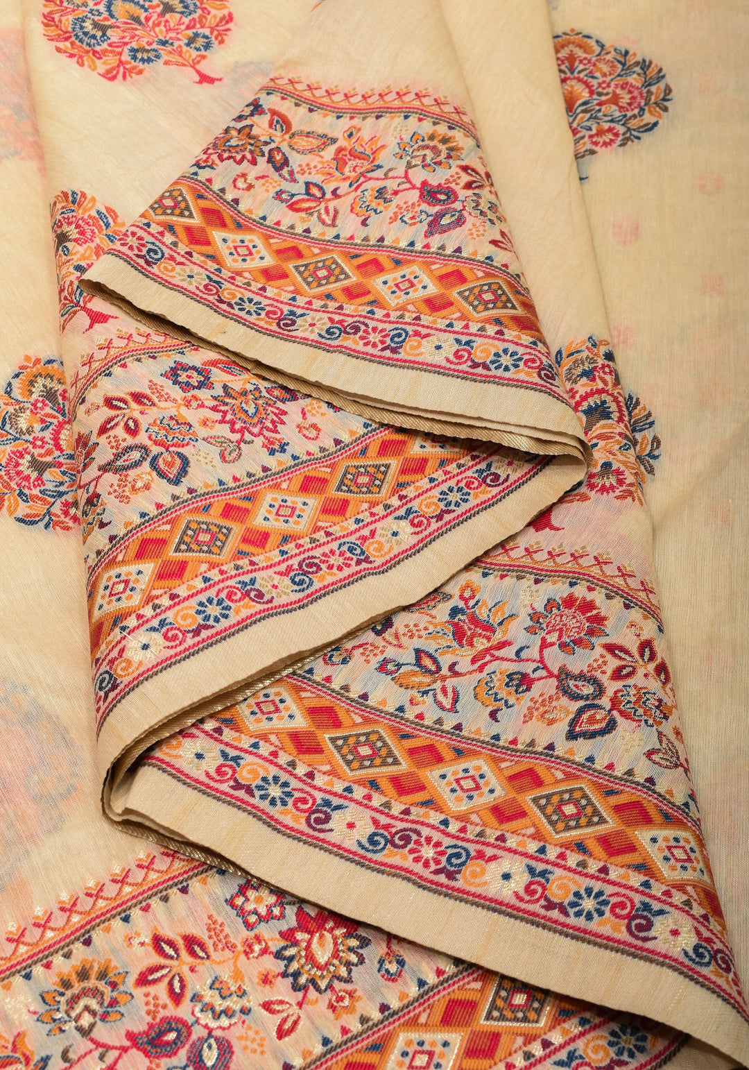 Cream and Red Rayon Saree with Floral Kani Design