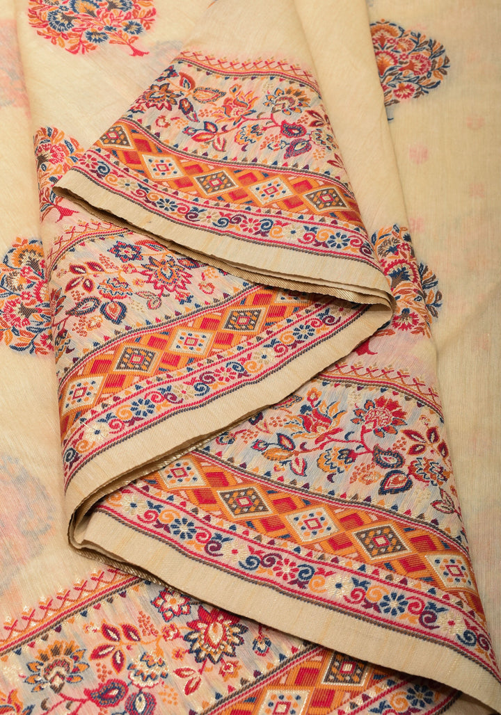 Cream and Red Rayon Saree with Floral Kani Design