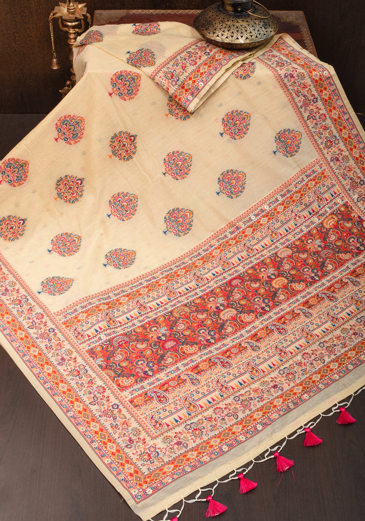 Cream and Red Rayon Saree with Floral Kani Design